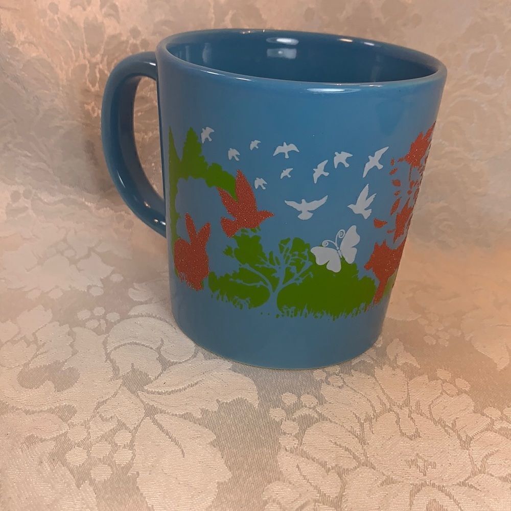 Valley Forge Blue Ceramic Embossed Fox Rabbit Bird Animal Forest  Print 16 Ounce